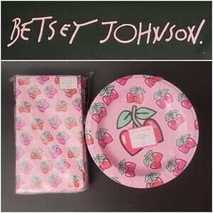 Betsey Johnson Powder Pink Red Heart Cherries Appetizer‎ Plates Napkins Set NIP
